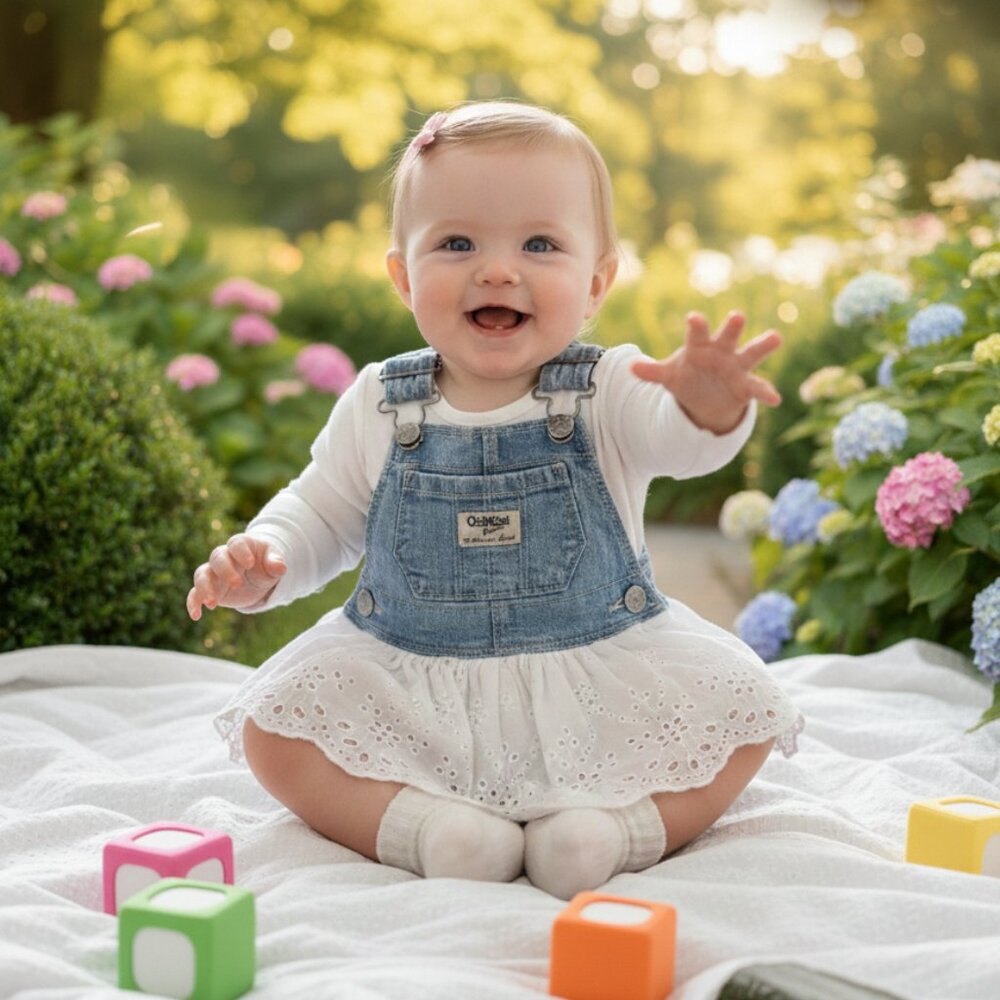 ⭐ Oshkosh Bgosh Denim & Eyelet Overall Dress Size 6 Months